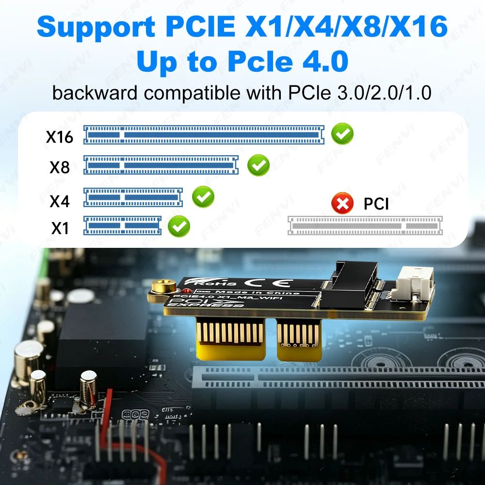 Fenvi Flat PCIE 4.0 X1 To M.2 WiFi Converter PCIE To M.2 NGFF Adapter For BE200 AX210 Support PCI Express X1/4/8/16