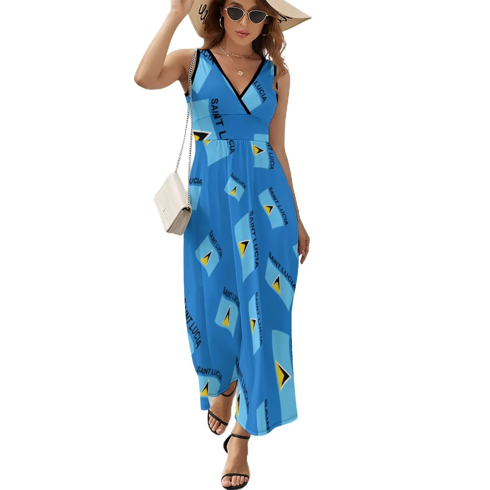 

Flag of Saint Lucia Dress FemaleKawaii Maxi Dress V Neck Sleeveless Aesthetic Design Bohemia Long Dresses