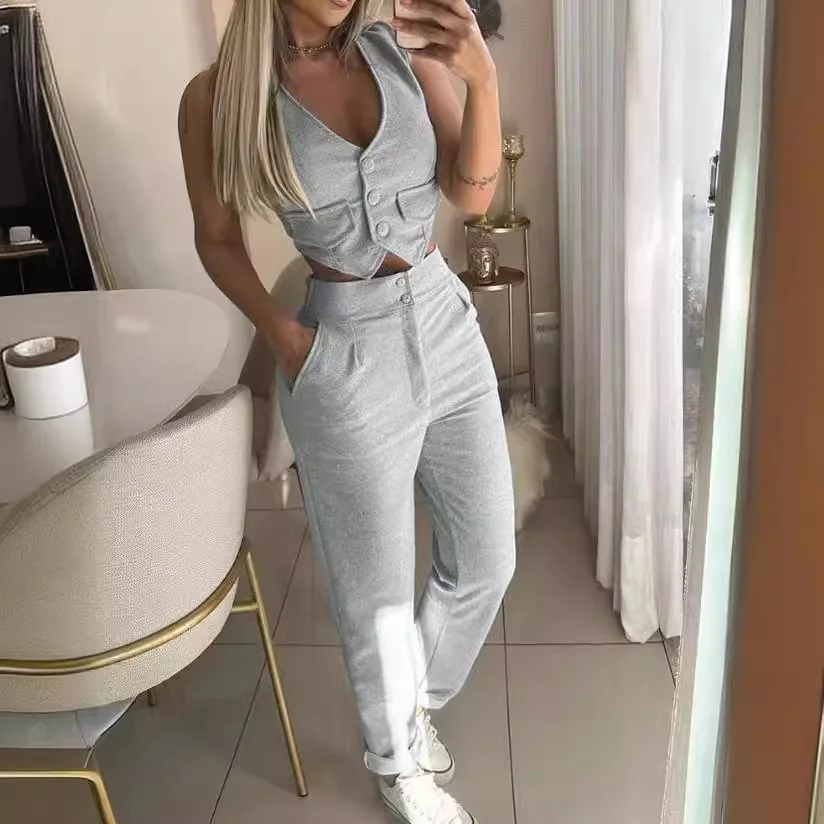 Two Piece Set Women Outfit Summer Fashion V-Neck Buttoned Sleeveless Vest Top & Casual High Waist Pocket Daily Pants Set