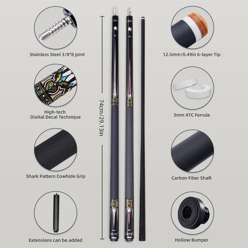 CRICAL Carbon Fiber Pool Cue Stick 58.3 Inch Professional Billiard Cue 12.5mm Tip 3/8x8 Joint for Nine Ball Game