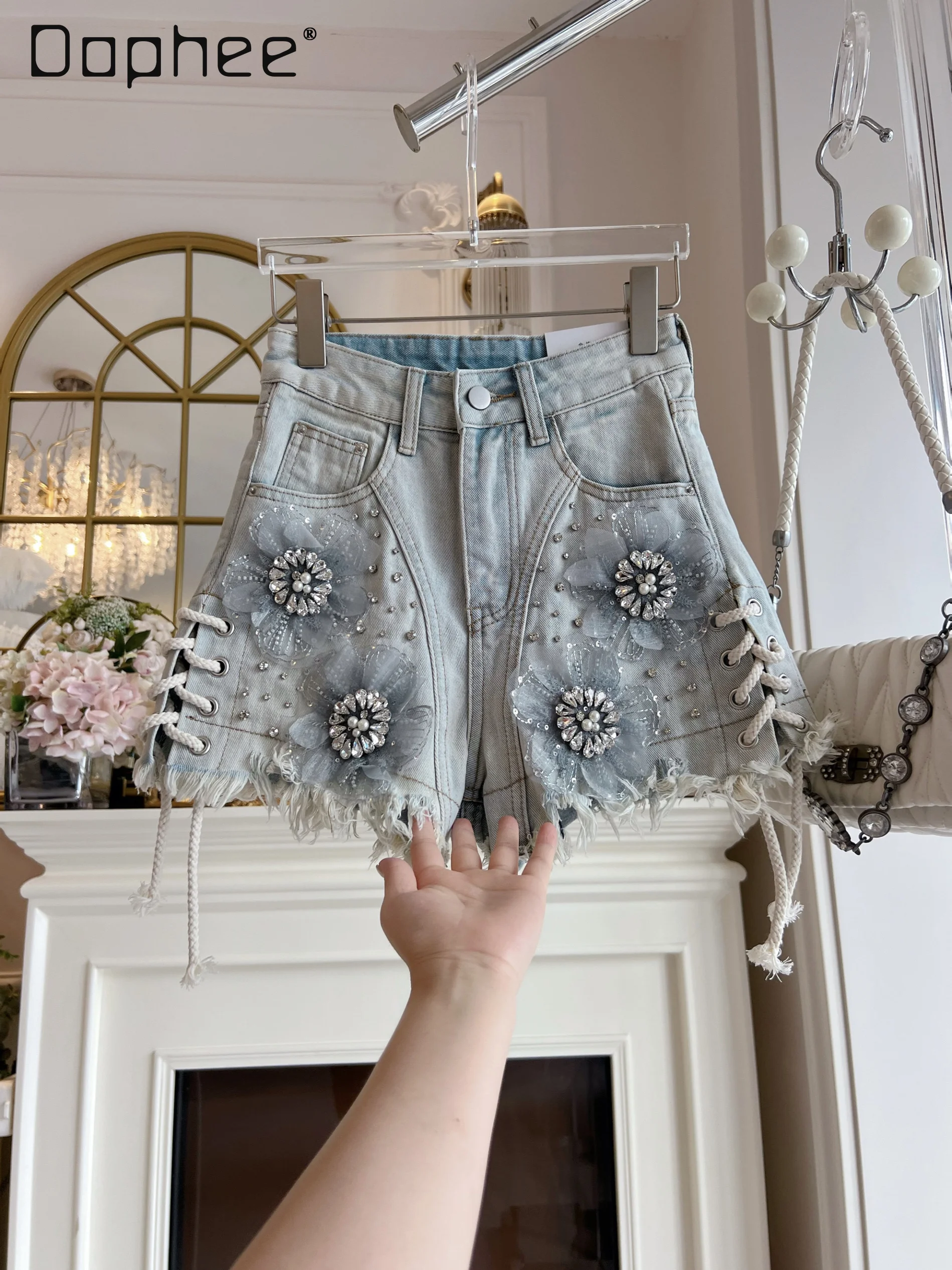 Retro Strap Denim Shorts Women Summer New Heavy Industry Diamond-encrusted High-waisted Slim Wide-leg Pants Fashion Sexy Jeans