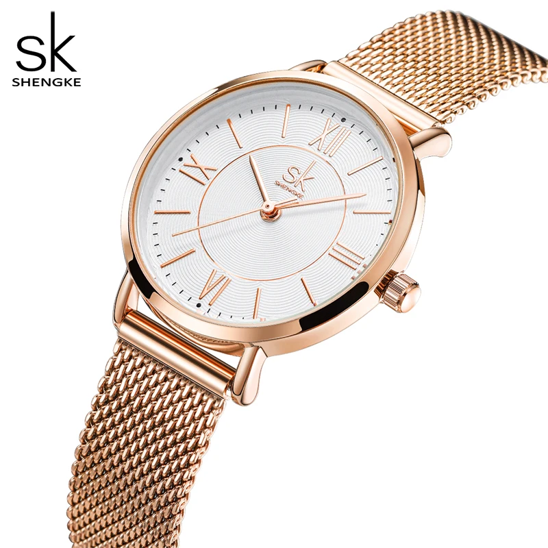 Japan Quartz Movement High Quality Shengke Women Stainless Steel Mesh Rose Gold Waterproof Ladies Watch Elegant SK Dropshipping