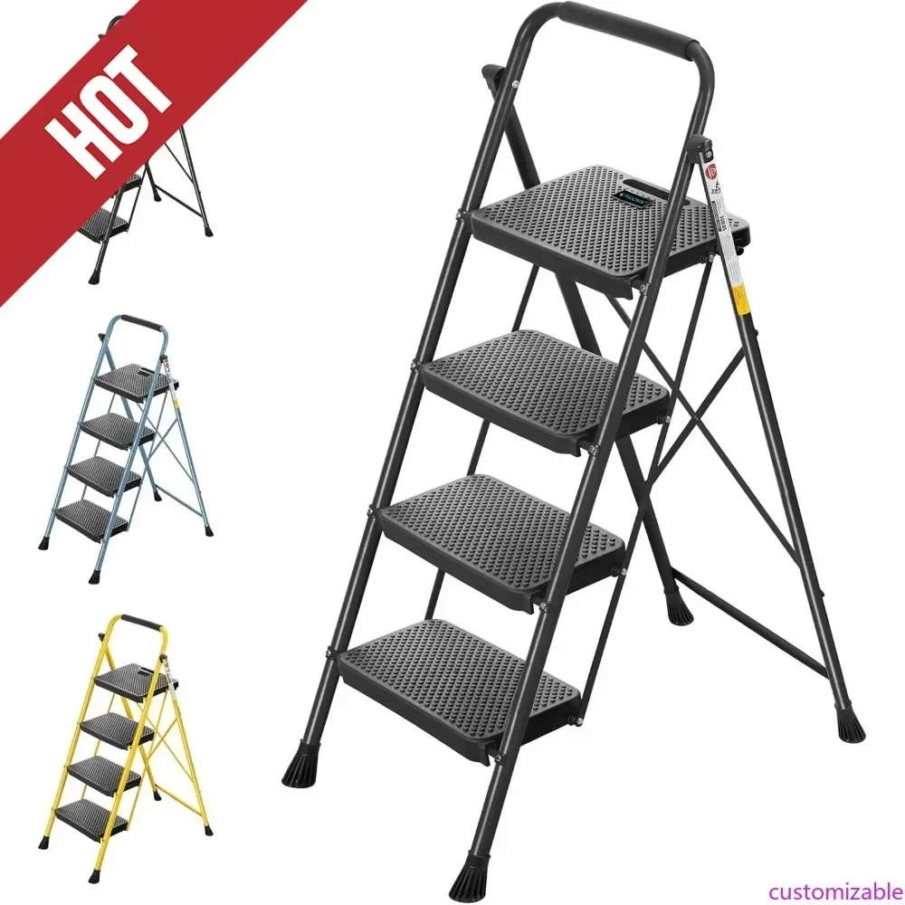 

Customizable-4 Step Ladder, Heavy Duty Foldable Step Stool, Portable Steel Folding Stool For Household Garage Storage (Black)