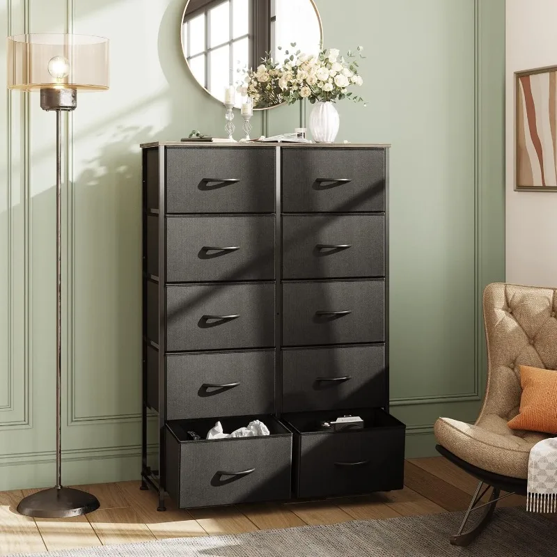 Tall Dresser for Bedroom with 10 Drawers, Chest of Drawers, Dressers Bedroom Furniture, Storage Organizer Unit with Fabric Bins