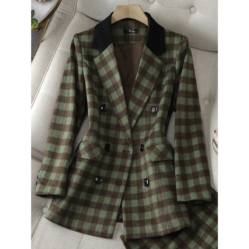 Plaid Thick Women Suit Blazer Autumn Spring Green Apricot Female Coat Office Ladies Long Sleeve Triple Breasted Straight Jacket