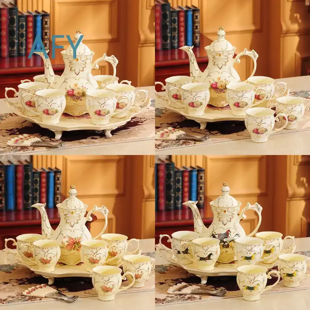 Ceramic Tea Set with Tray for Home Living Room European Style Luxury Cup and Teapot Set for Tea Drinking Water Cup Set for