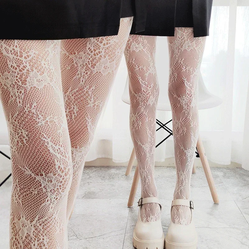 Sexy Black White Lolita Hollowed Lace Mesh Stockings Bottomed Pantyhose Japanese Goth Floral Rattan Tights Hot Classic Leggings