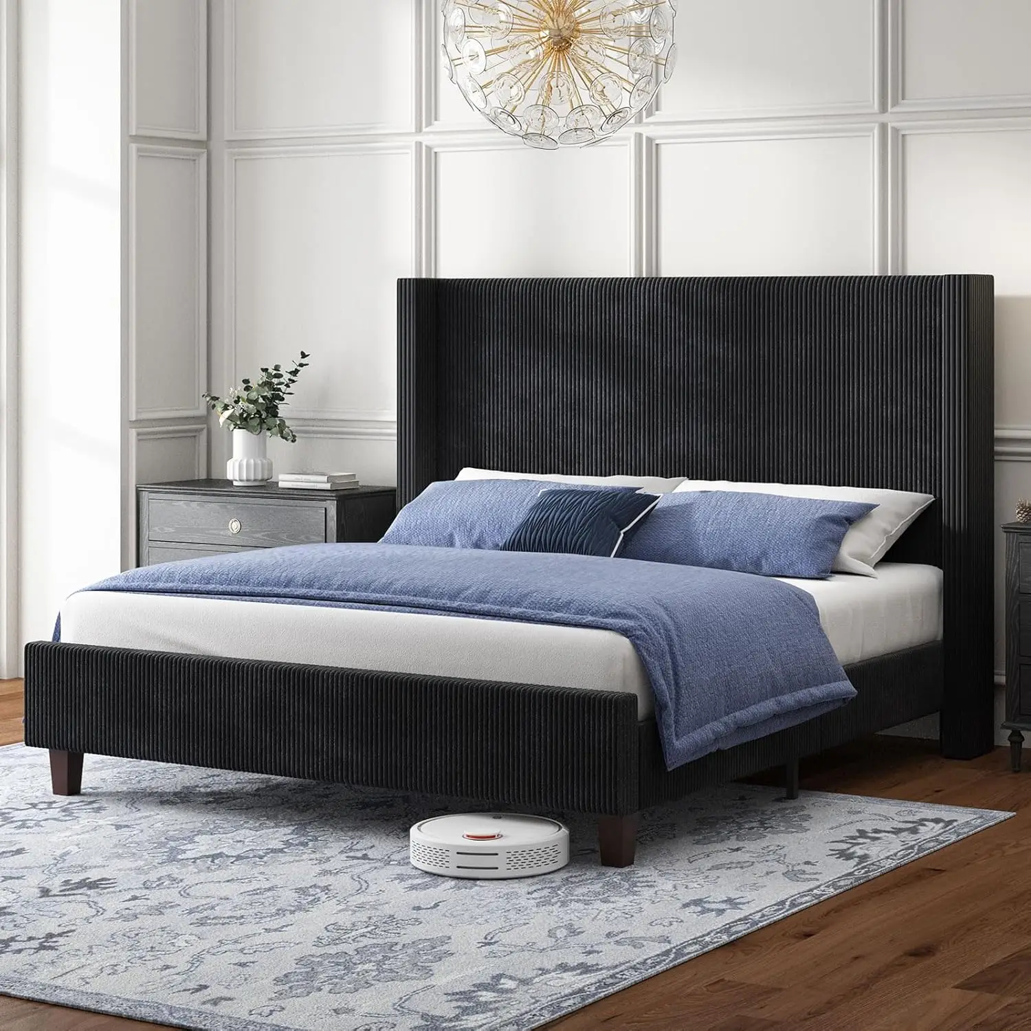 Estrutura de cama estofada Howe Queen Size, cama de plataforma Wingback com cabeceira de 50,8", veludo/péna de madeira maciça/sem mola de caixa