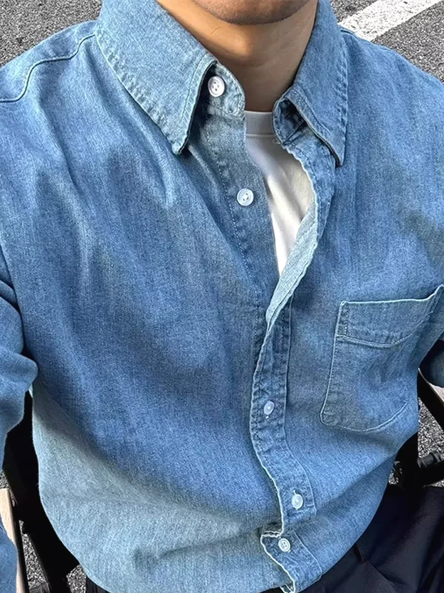 

American Retro Waed Light Blue Denim irt Men's Classic ket Long Sve Casual Workwear irt Coat Loose Fit Youth Trend