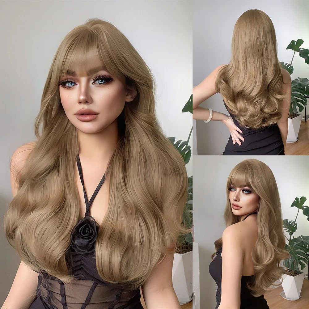 

26Inch Golden Chestnut Brown Synthetic Wigs With Bang Long Natural Wavy Hair Wig For Women Daily Use Cosplay Drag Heat Resistant