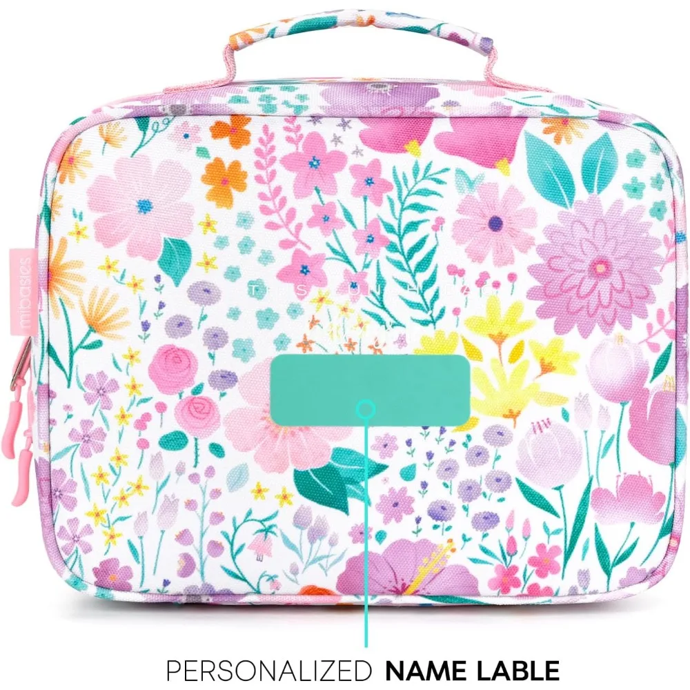 Insulated Lunch Bag for Girls, Reusable Kids Lunch Box with Flower Pink Design, Water-Resistant 900D Polyester, Easy Clean view 6