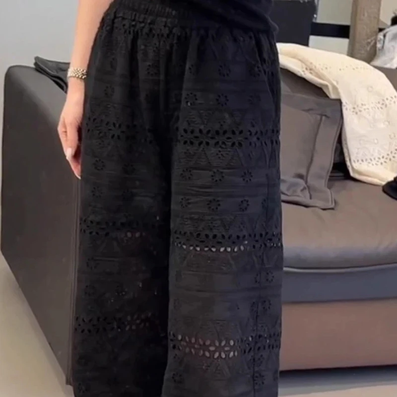 Women Hollow Lace Wide Leg Pants Elastic Waist Thin Breathable Summer Straight Casual Trousers