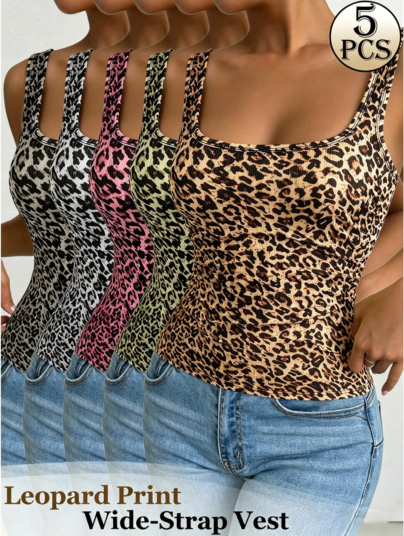 5 Pcs Leopard Print Camisole Women Sports Vest, All Season Wear Square Neck Wide Strap Slim Fit Casual Tank Tops