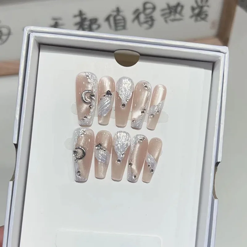 Full Cover False Nails Press on Nails Fake Nails Diy Pure Handmade Removable Nude Cat Eye Aurora Pink Ribbon Crushed Diamond