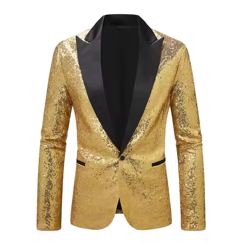 New Men Gold Sequin Blazer Black Satin Lapel Nightclub Stage Performance Costume Fashion Suit Party Banquet Singer Show Jacket