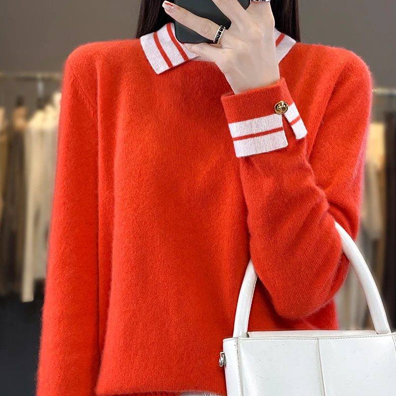 Cashmere Sweater Women\'s 100% Wool Sweater Autumn and Winter New Loose Polo Pullover High end Knitted Soft Color Matching Top