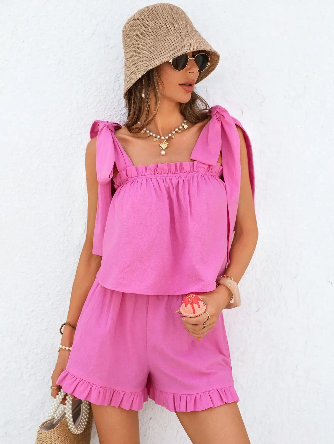 

Pink 2pcs Cotton Tie-Up Camisole And Shorts Set For Summer Vacation