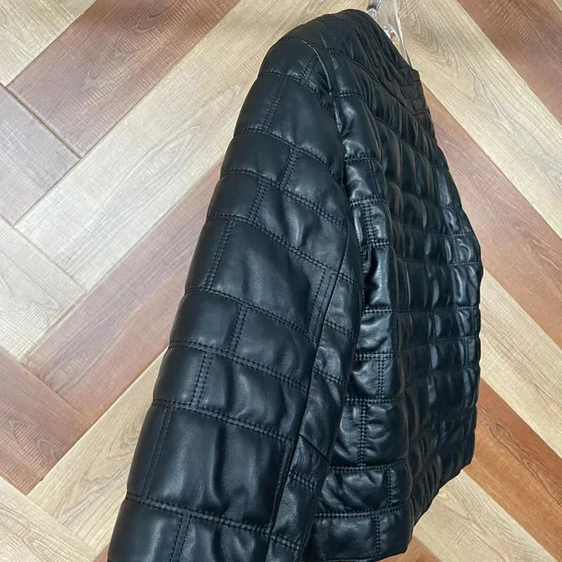 Hohe Qualität Schaffell Mantel Frauen Frühling Kurze Länge Gitter Muster Echtes Leder Jacke Oansatz Kragen