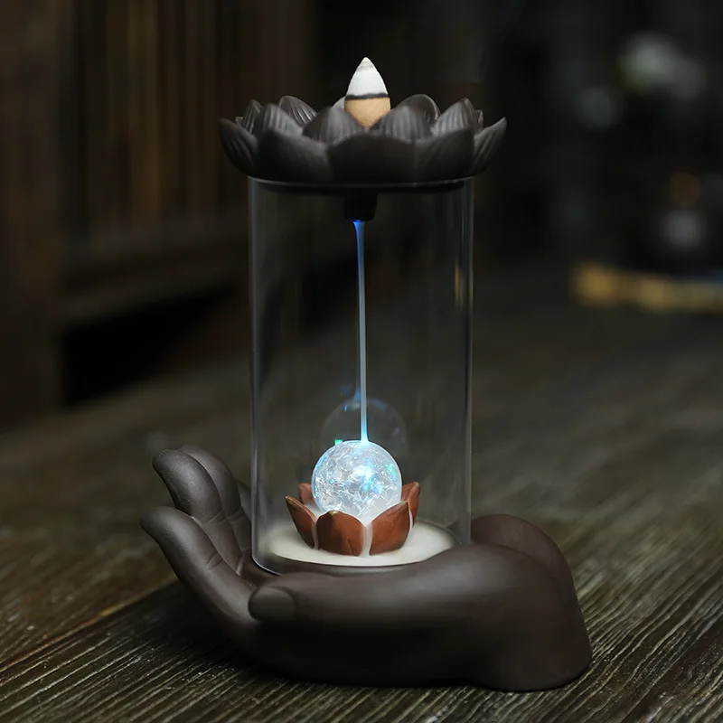 

Purple Clay Backflow Incense Burner Creative Windproof Cover Buddha Hand Lotus Incense Burner LED Light Ornament Incense Ceremon