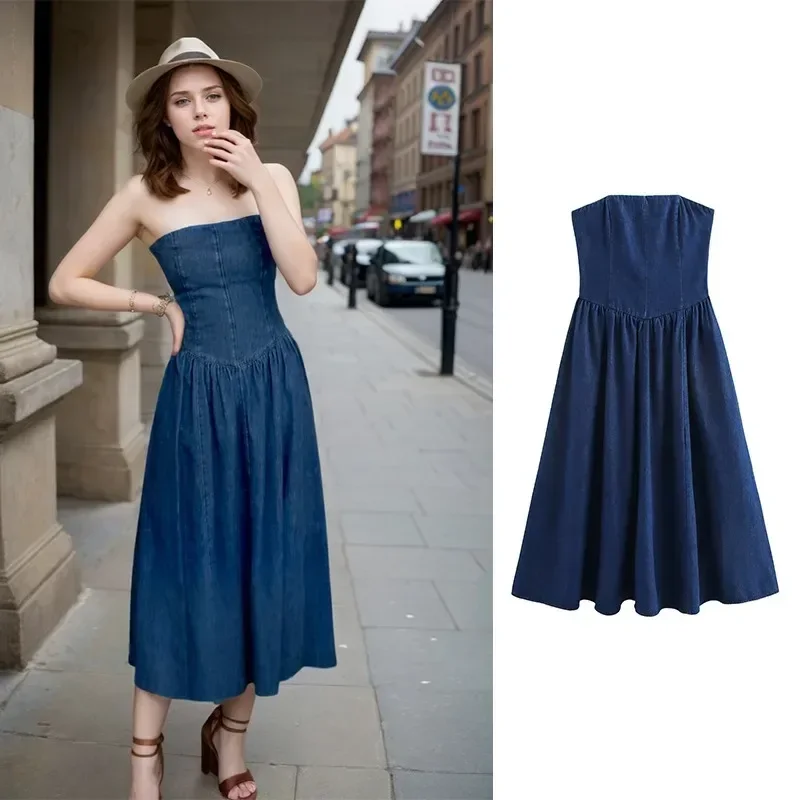 

GELITAYIN джинсовое платье без бретелек, весеннее пляжное платье трапециевидной формы с высокой талией, удобное и утягивающее, универсальное, в стиле пэчворк, в уличном стиле