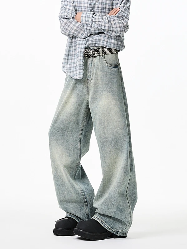 

Light Blue High Waist Wide Leg Men's Jeans Waed American High Street Vibe Slimming Micro Flared Pants Spring Autumn