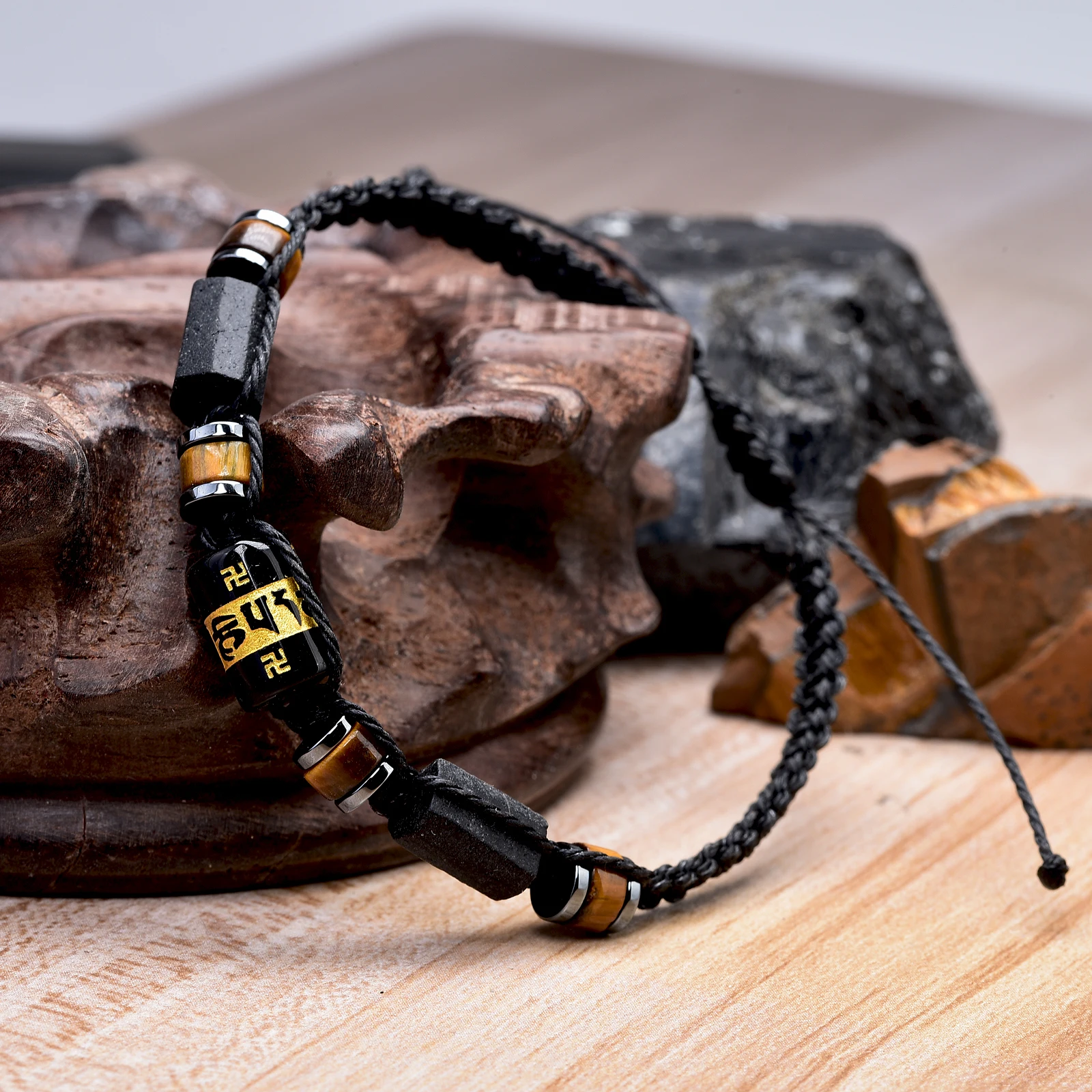 Tibetan Protection OM Bracelets for Men Natural Black Tourmaline Raw Stone Braided Bracelet Tiger Eye Stone Mani Padme Hun