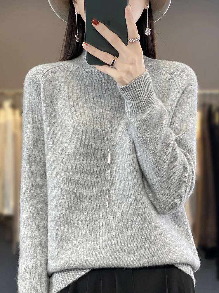 Fashion Basic Autumn Winter Merino Wool Sweater Mock Neck Cashmere Pullover Solid Color Soft Long Sleeve Basic Clothing Tops