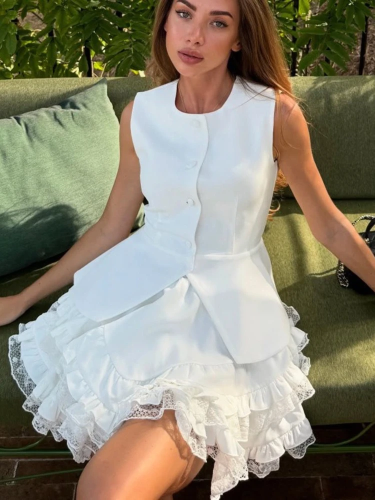

FDYOUI повседневный сексуальный однобортный жилет с круглым вырезом + кружевное лоскутное бальное платье из двух предметов юбка комплект белые платья-майки костюм уличная одежда