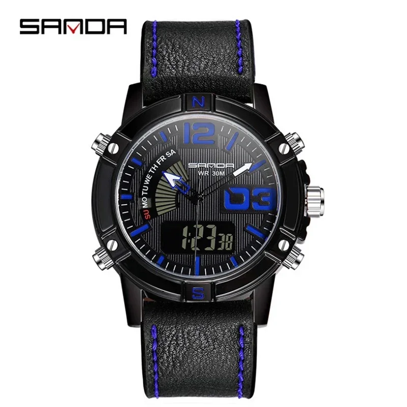 SANDA New Student Youth Men's Waterproof Luminous Alarm Clock Stopwatch Sports Leather Watch With Electronic Watch