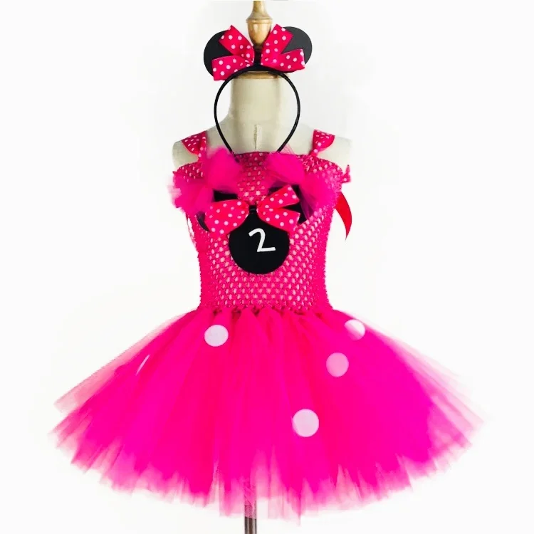 Bonito meninas rosa mickey tutu vestido bebê crochê tule vestido com pontos brancos e arco de cabelo crianças festa aniversário dos desenhos animados cosplay vestido