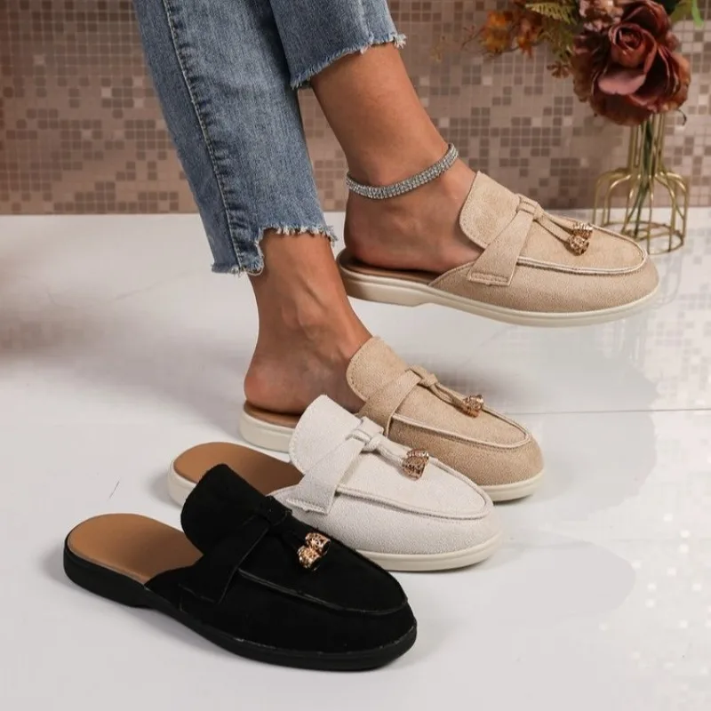 Women Baotou suede beaded decoration Tassel Slip on Flat Heel Slippers Mule Loafers Outdoor casual Non-slip Comfortable Shoes