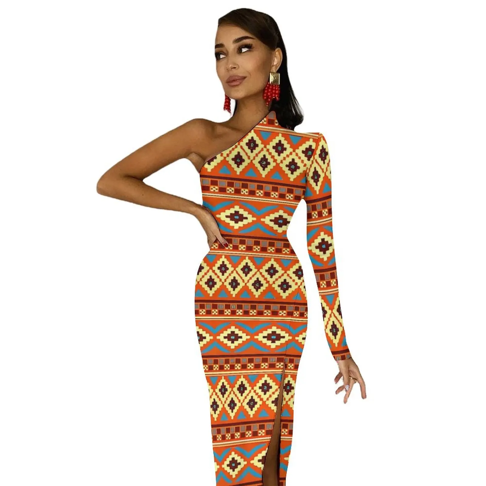 Azteekse kunst tribale print lange jurk dames street wear maxi-jurk herfst leuke bodycon-jurken hoge split bedrukte vestidos