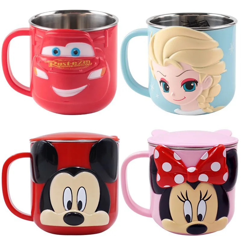 Disney Cups Frozen Elsa Anna Princess Cartoon Milk Cup Mugs 3D Mickey Minnie Stainless Steel Cup Baby Kids Girls Coffee Mug