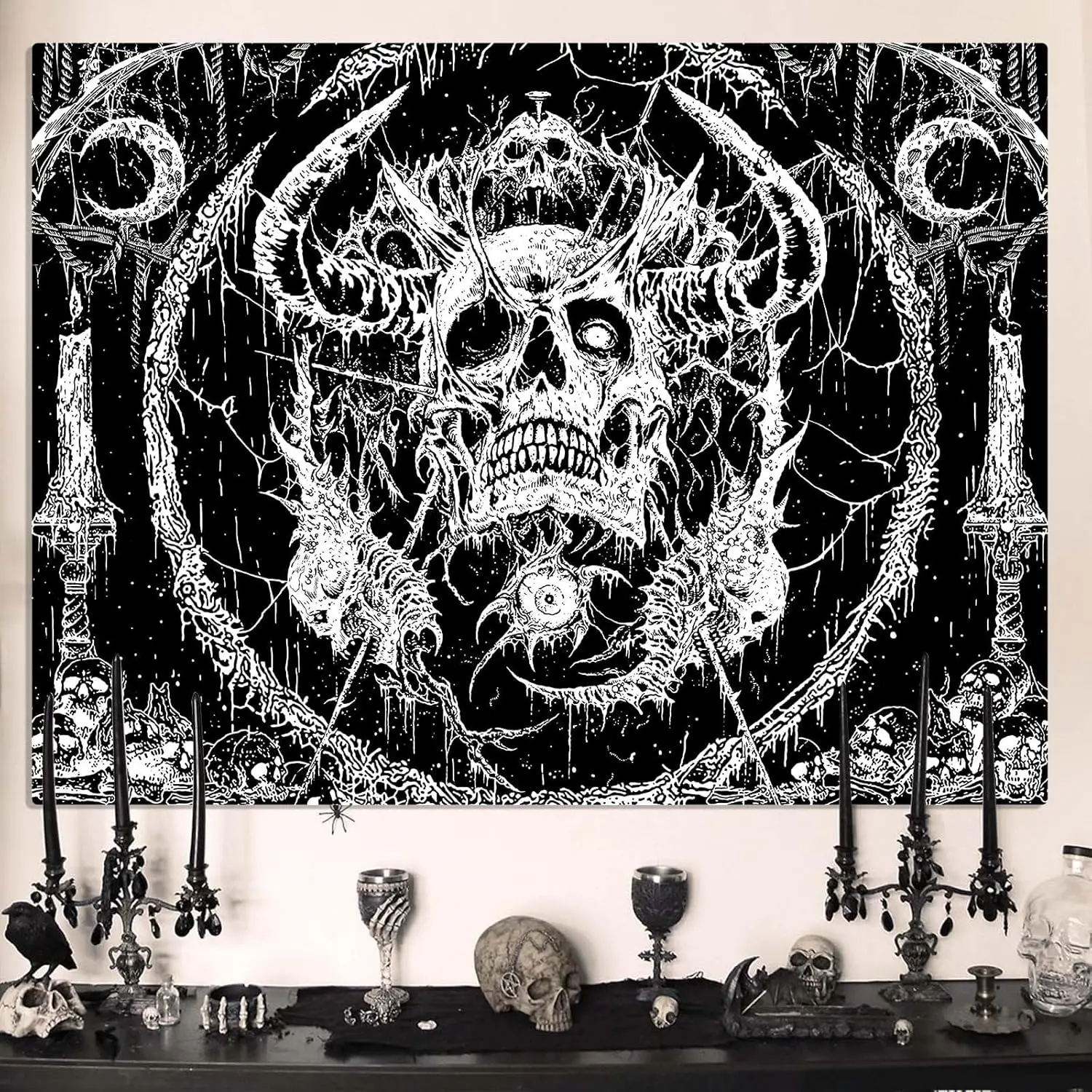 Lifeella Skull Tapestry, Gothic Horror Moon Skeleton Mystic Dark Tapestries for Bedroom Grunge Wall Hanging Black and White