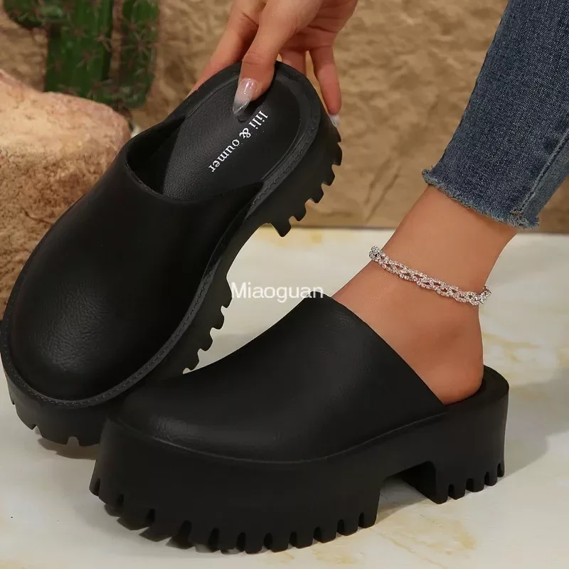 Summer Women\'s Platform Slippers Waterproof Casual Mule Sandals Chunky Comfort Wedges Black Beach Shoes Round Head 2024 New PU