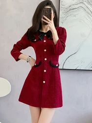 Women Red Chenille Chic Bow Collar Mini Dress Autumn Winter Korean Vintage Hepburn Black Dress 2026 Elegant Bodycon Party Dress