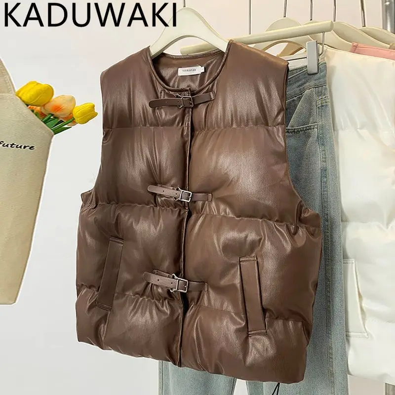 

Корейские шикарные парки с пряжкой на ремне, жилет из искусственной кожи, свободные парки без рукавов, осень-зима, повседневный универсальный стильный топ с хлопковой подкладкой