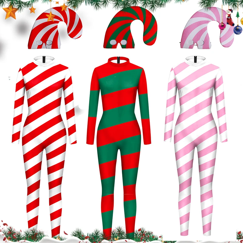 

Candy Cane Jumpsuit Red Stripe Cosplay Costume Christmas Bodysuit Xmas Party Outfit Festival Bodysuit Couple Zentai Suit