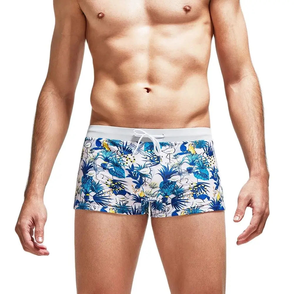 Men Swimming trunks push-up swimwear low rise Flamingo White Printed swimsuits Surfing Beach Spandex shorts dry fit swim pants