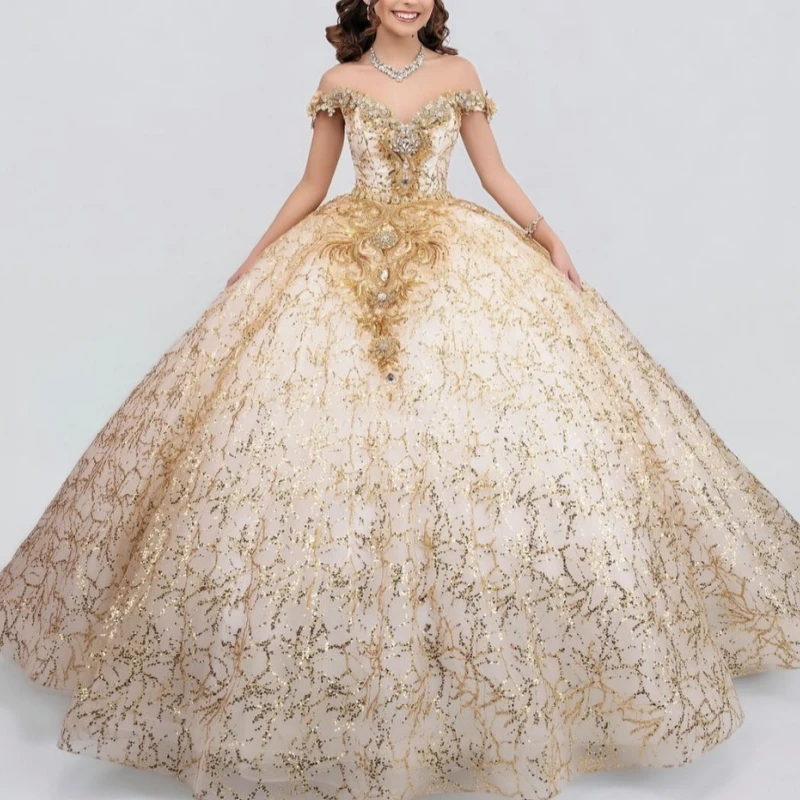 

Champagne Shiny Quinceanera Dresses Off The Shoulder Sequin Applique Lace Beading Crystal Tull Corset Party Birthday Sweet 16