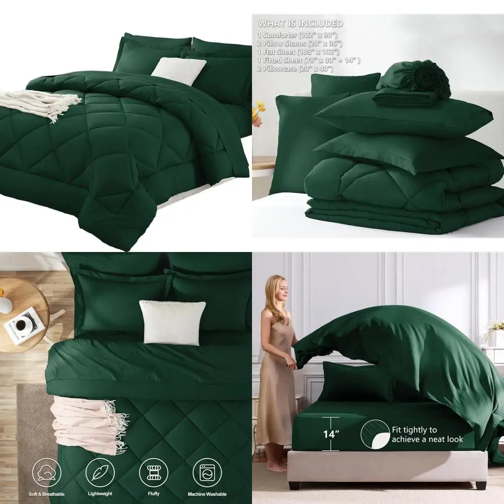 

Luxurious Emerald Green 7-Piece King Bedding Set: Comforter, Sheets, Pillowcases & Shams for All Seasons