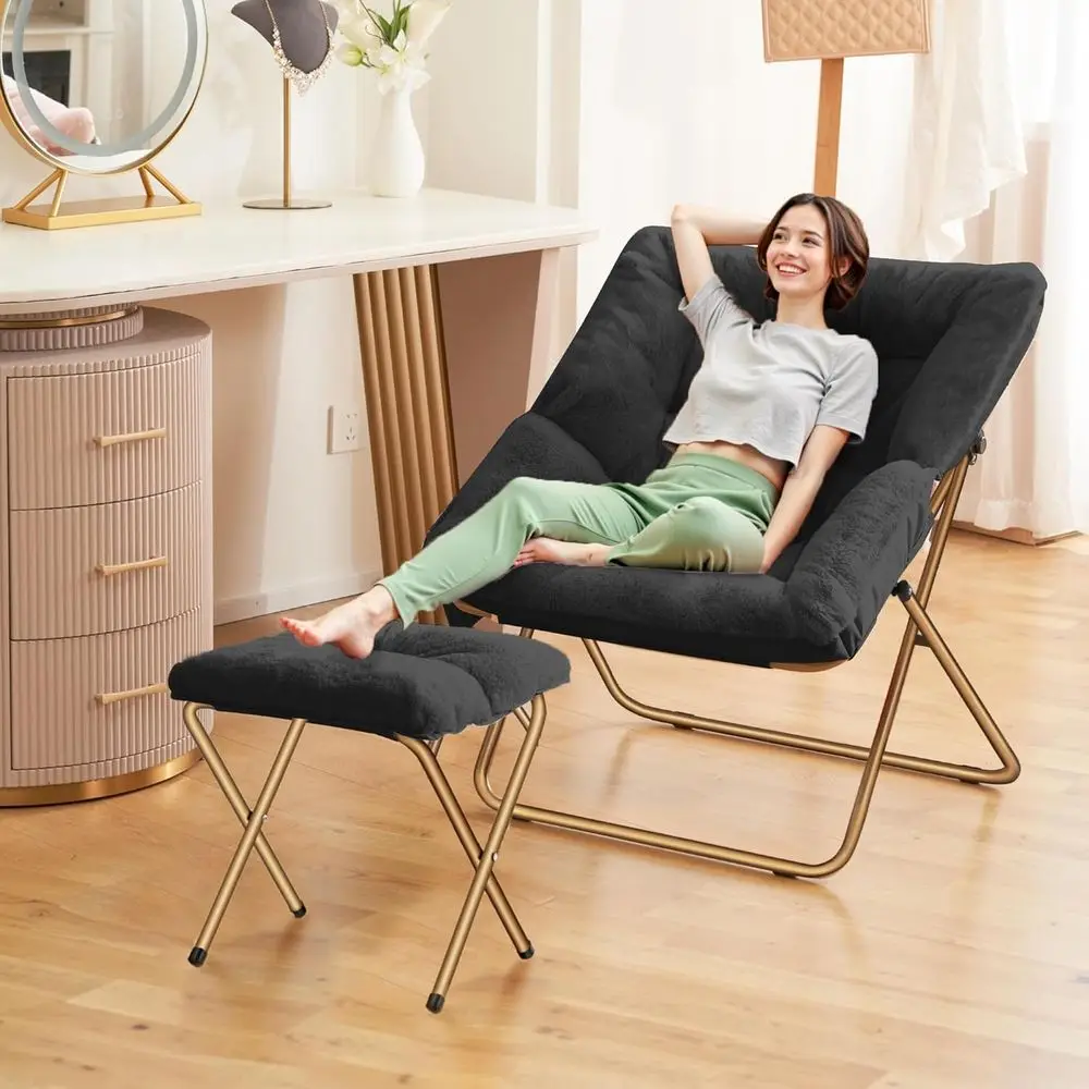 كرسي صالة قابل للطي من الفرو الصناعي الأسود مقاس X-Large لغرفة المعيشة وغرف النوم والقراءة