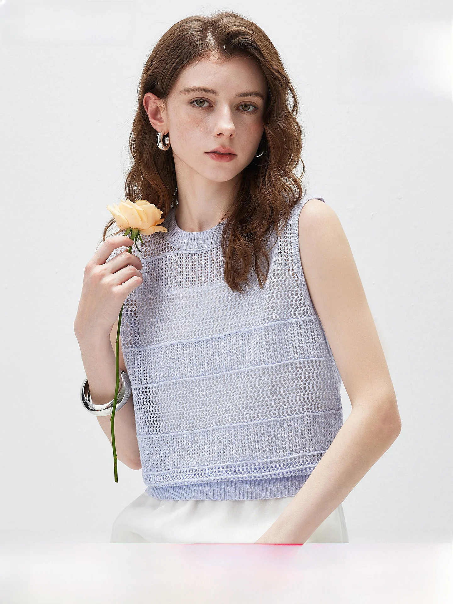 

Comoboca Linen round Neck Sleeveless Knitted Vest Women's Casual Hollow out Summer New Style Top Comfortable Breathable