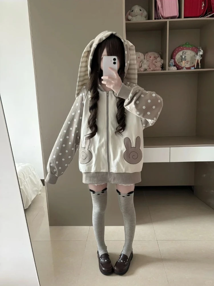 خمر Harajuku الحلو Y2K المشارب آذان أرنب هوديي المرأة فضفاضة طويلة الأكمام القوس سستة معاطف الرجعية عادية أنيقة بلوزات على الموضة