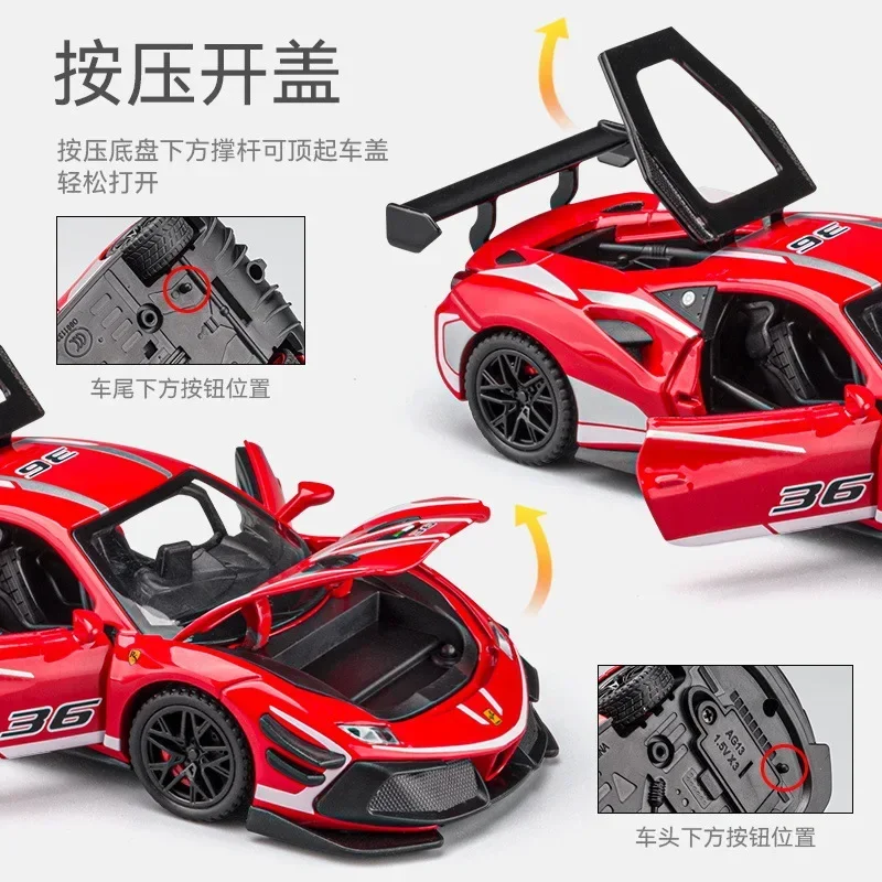 1:32 Ferrari 488 Supercar Auto in lega Fonde sotto pressione Veicoli giocattolo Modello di auto Suono e luce Tirare indietro Auto Giocattoli per bambini Regali A659