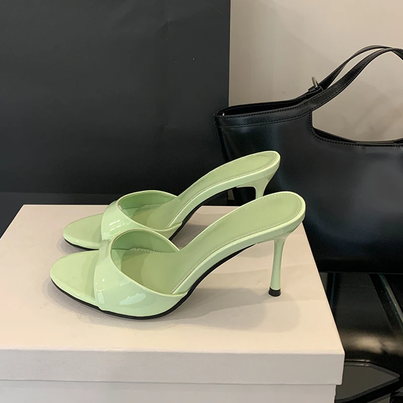 Sexy Thin Heels Slipper Woman Fashion Round Toe Slides Stripper Party Banquet Summer Sandals Mule Slip On Shoes Zapatillas Mujer