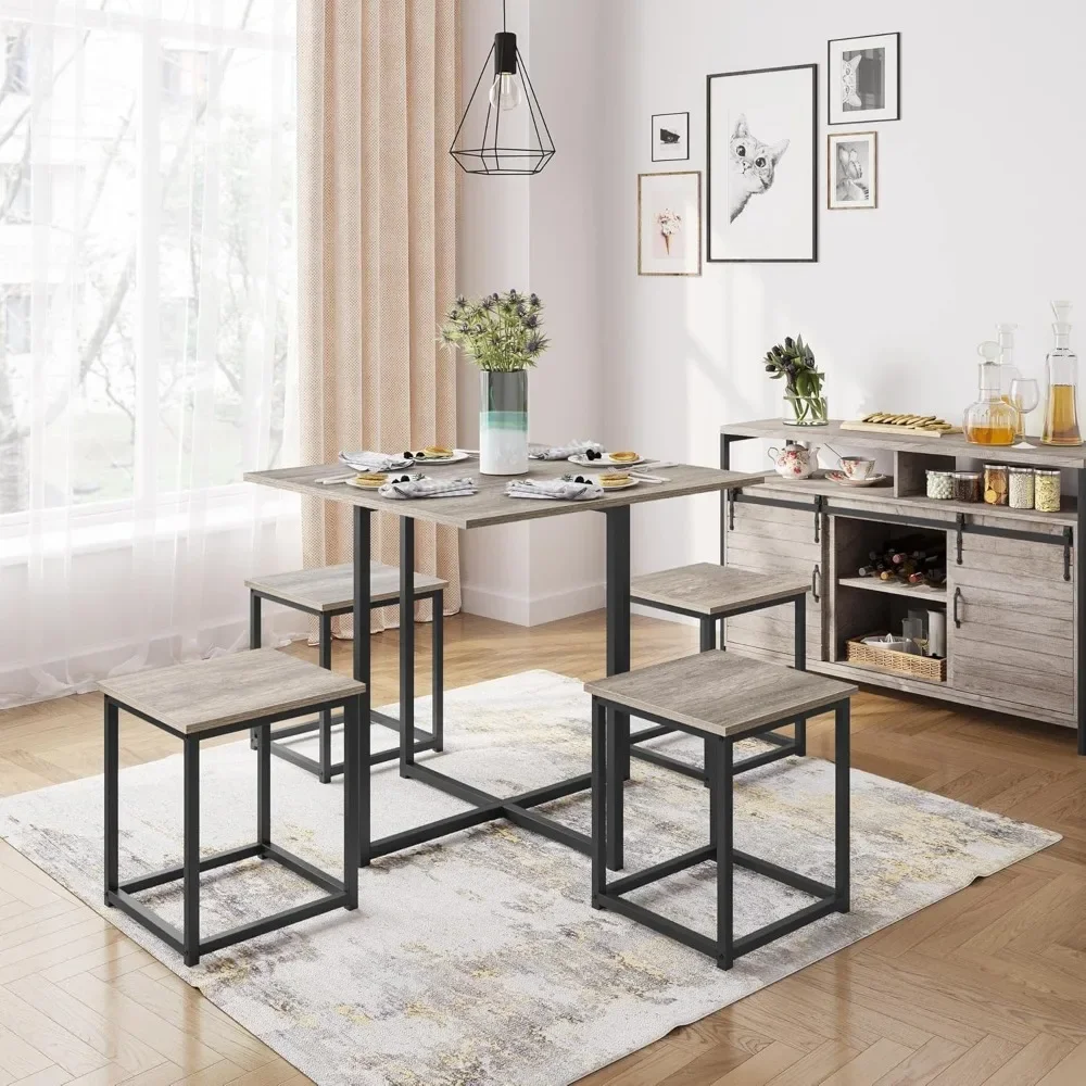 Conjunto de mesa de jantar de 5 peças, conjuntos de cadeiras de cozinha industriais para 4 compactos com bancos, design que economiza espaço, apartamento, espaço pequeno