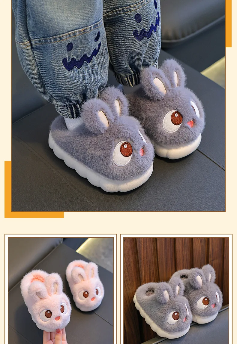 Winter-Kinder-Baumwollschuhe 2026 Neu Niedliche Hasen Warme Plüsch-Mädchenhausschuhe Kunstfell Rutschfeste Flache Jungen-Hausschuhe – Detail 7