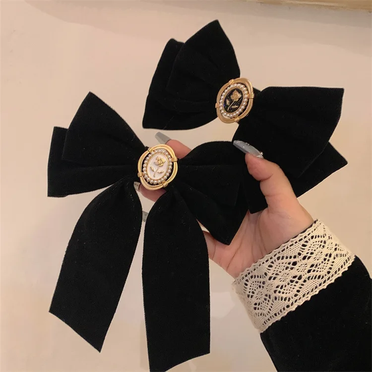 Black Velvet Rose Bow Top Hair Clip French Vintage Simple Elegant Hair Pin for Women Daily Wear Premium Quality