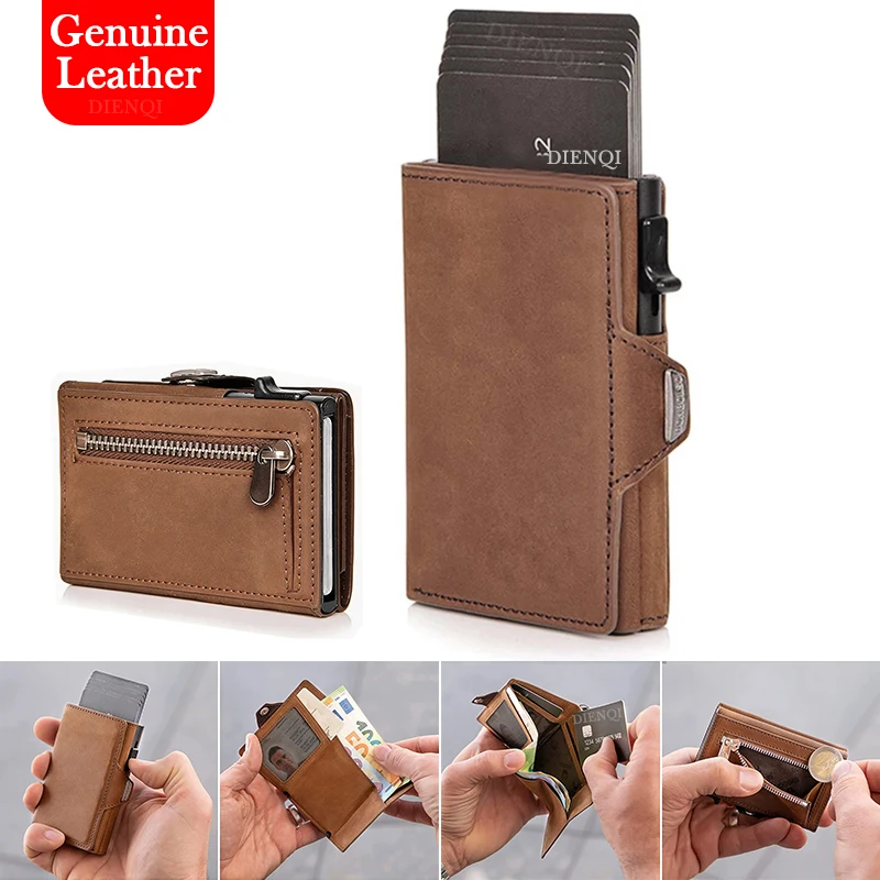 RFID Blocking Genuine Leather Pop-Up Wallet Slim Card Holder with Coin Pocket & Quick Access Compact Anti-Scan Organizer for Men